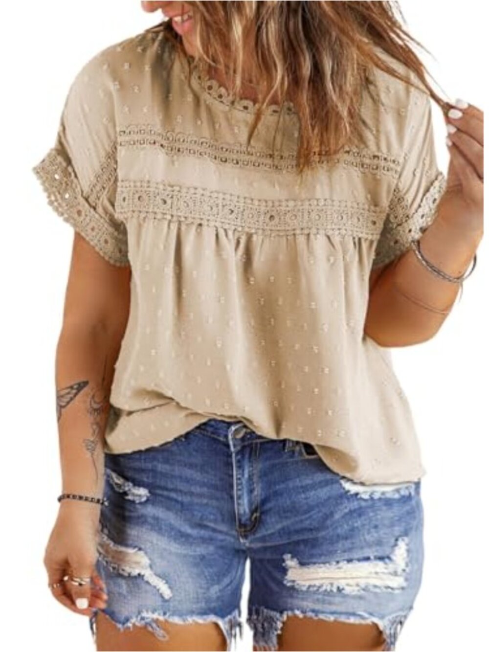 Plus Size Crochet Lace Blouse Short Sleeve Crewneck Loose Casual Summer Top